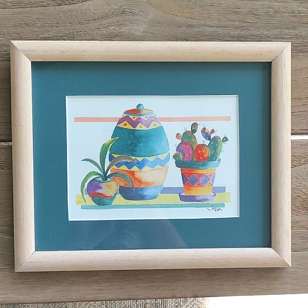 Southwest Still Life Colorful Watercolor Art Painting Wood Frame Artist Signed